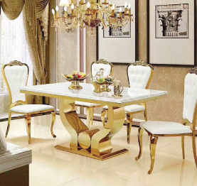 Jilphar Furniture Elegant Dining Table with Marble Top and Gold-Plated SS Frame JP2261