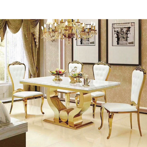 Jilphar Furniture Elegant Dining Table with Marble Top and Gold-Plated SS Frame JP2261