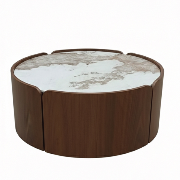 Jilphar Furniture Circular Marble & Walnut-Tone Coffee Table JP2496