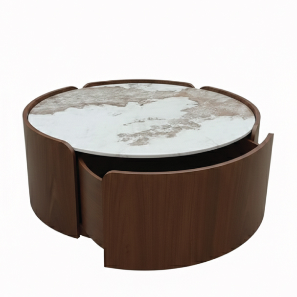 Jilphar Furniture Circular Marble & Walnut-Tone Coffee Table JP2496
